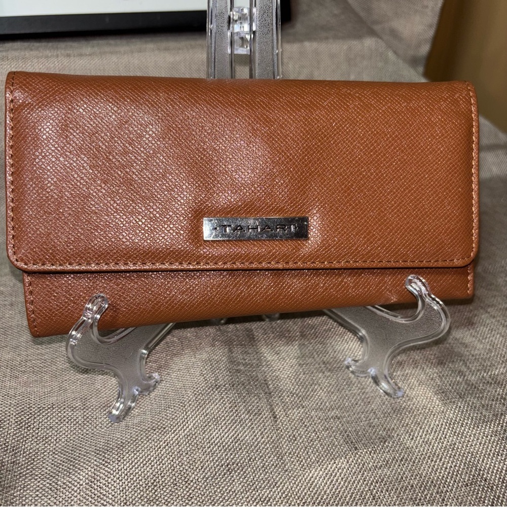 TAHARI Tri-Fold Brown Crossgrain Flap Snap Long Wallet